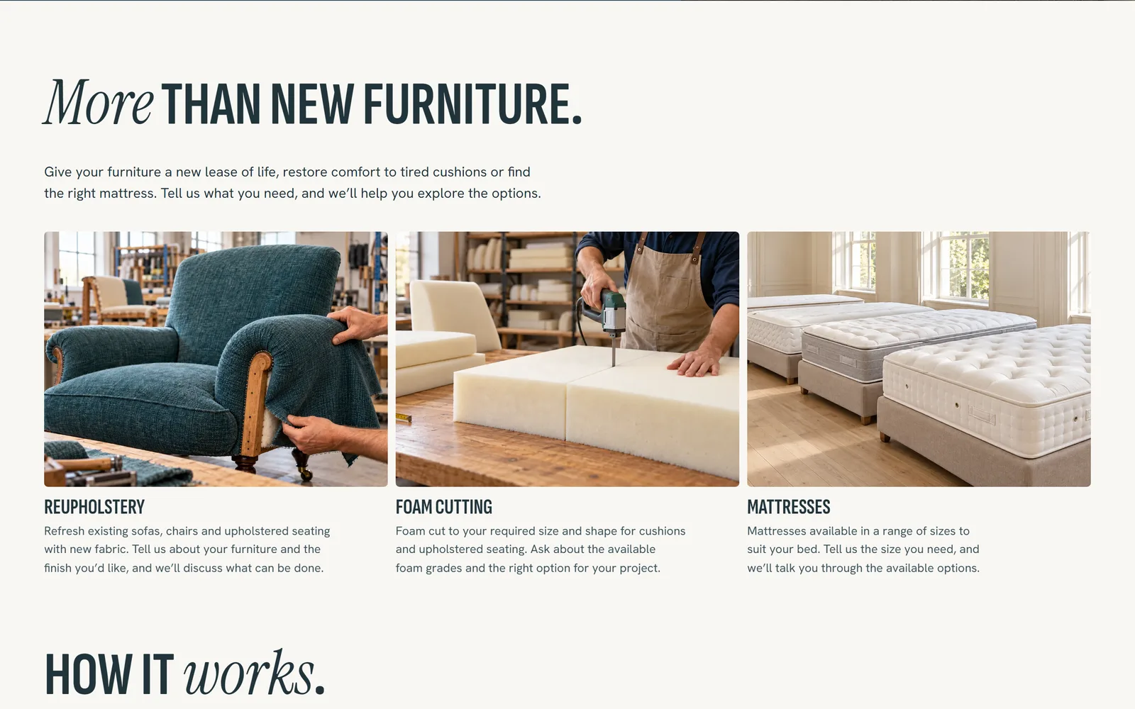 The services section of the Ashton Beds & Sofas website on a desktop screen