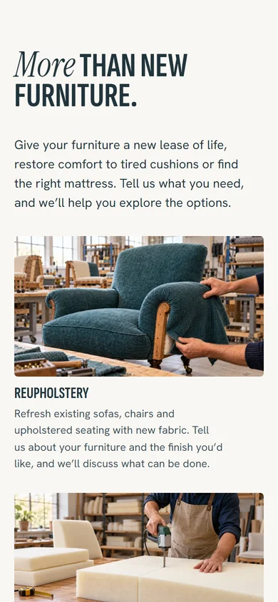 The services section of the Ashton Beds & Sofas website on a phone